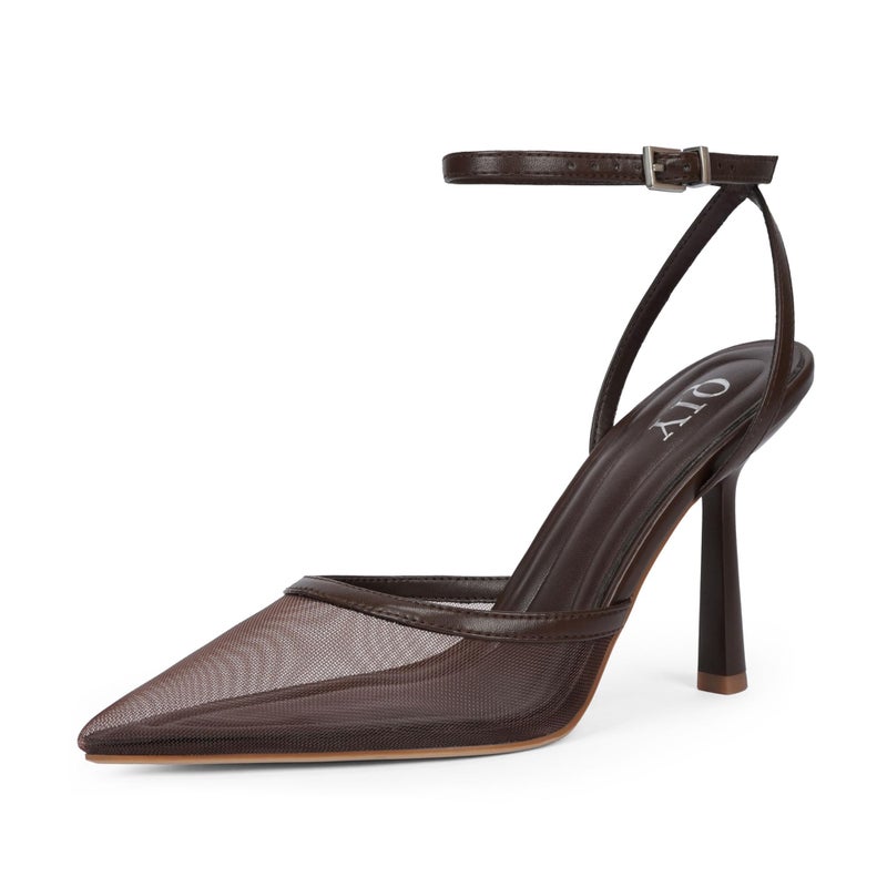 QIY Brown Closed Toe Heels for Women Pumps Slingback Ankle Strap Pointy Pointed Toe Chocolate Brown Mesh Heels Kitten Stiletto Dress Shoes Size 7 - Image 1