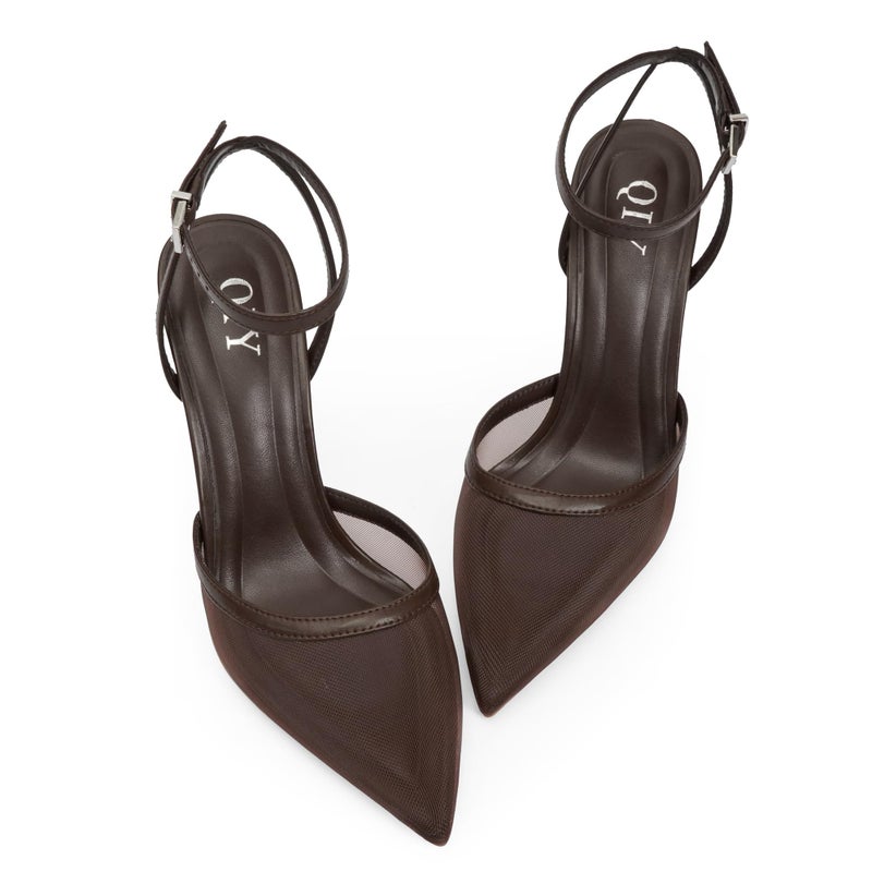 QIY Brown Closed Toe Heels for Women Pumps Slingback Ankle Strap Pointy Pointed Toe Chocolate Brown Mesh Heels Kitten Stiletto Dress Shoes Size 7 - Image 5