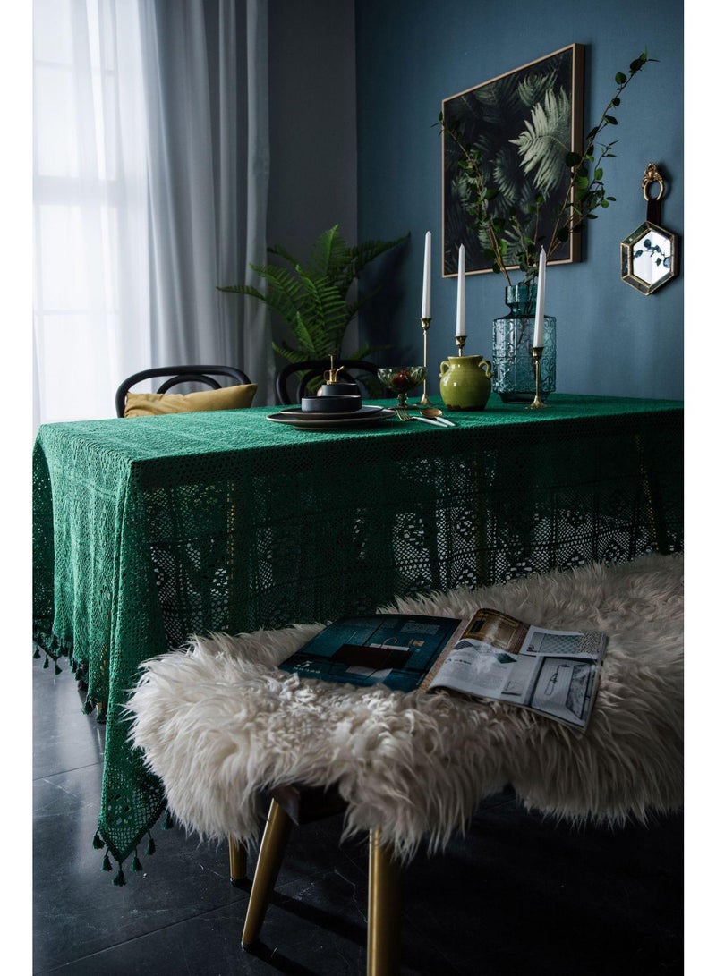 Y&D Retro American Crochet Round Table Fabric Knitted Hollowed Out Coffee Table Cover Fabric Green  - Image 4