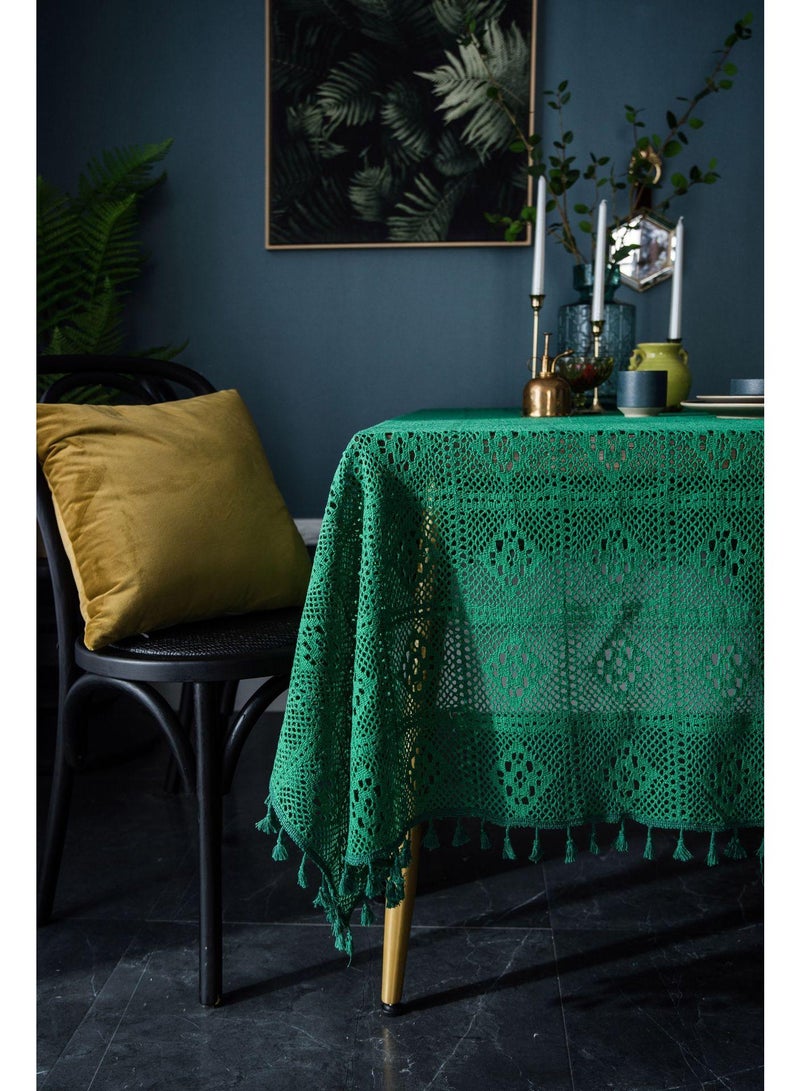Y&D Retro American Crochet Round Table Fabric Knitted Hollowed Out Coffee Table Cover Fabric Green  - Image 3