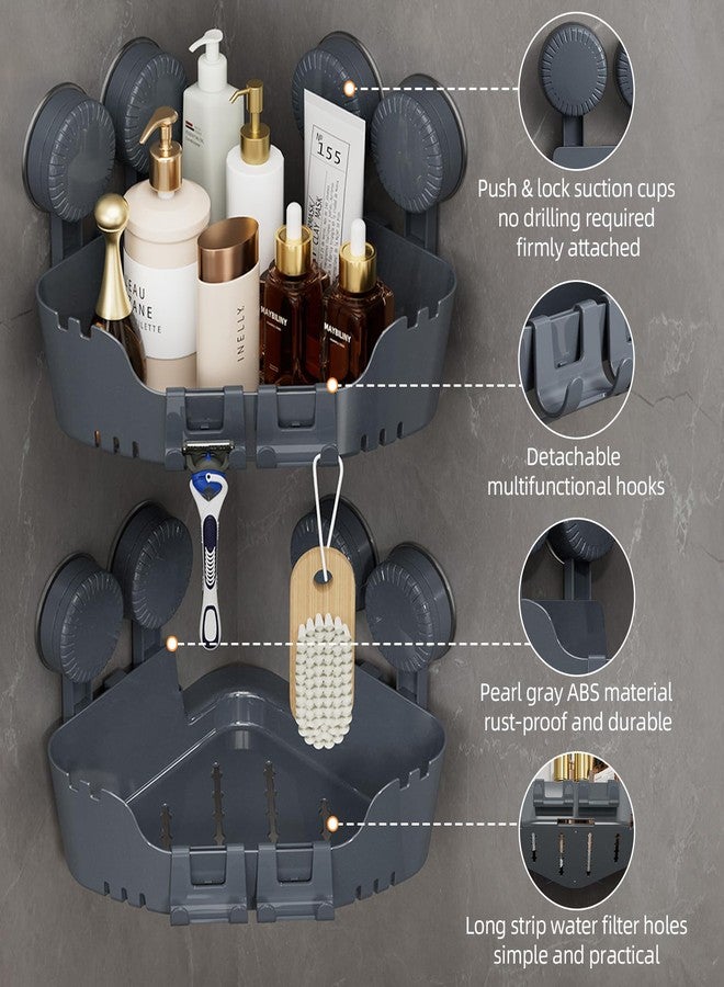 APLOP 2 Pack Corner Shower Caddy with 4 Suction Cups, No-Drill Corner Shower Shelves for Inside Shower, Removable Push & Lock Bathroom Organizer with Hooks, Plastic Shower Storage Rack, Pearl Gray - Image 4