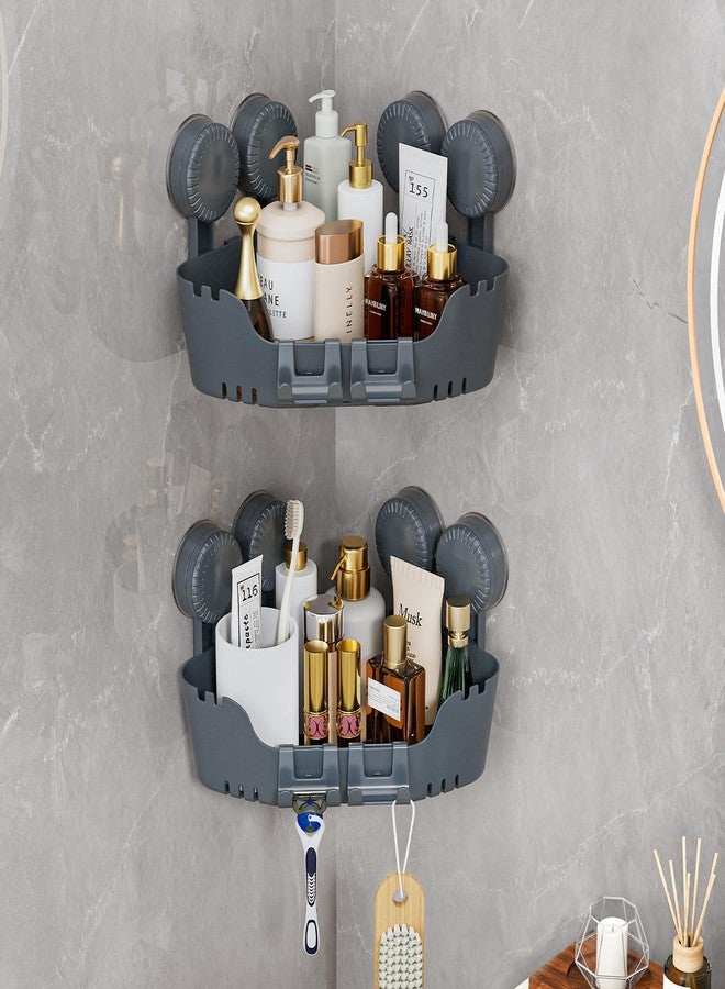 APLOP 2 Pack Corner Shower Caddy with 4 Suction Cups, No-Drill Corner Shower Shelves for Inside Shower, Removable Push & Lock Bathroom Organizer with Hooks, Plastic Shower Storage Rack, Pearl Gray - Image 1