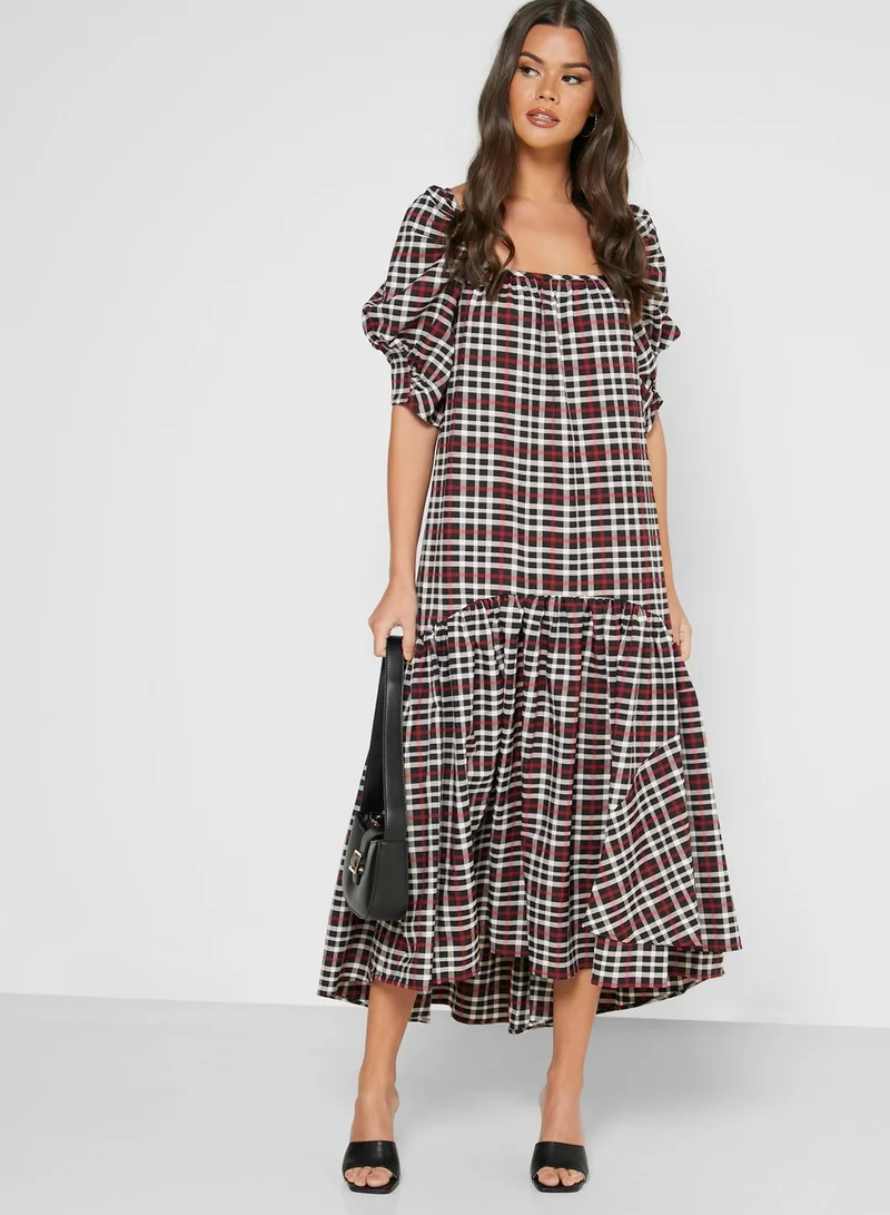 LOST INK Puff Sleeve Checked Dress