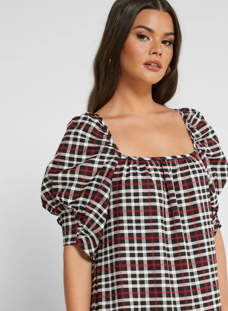 LOST INK Puff Sleeve Checked Dress