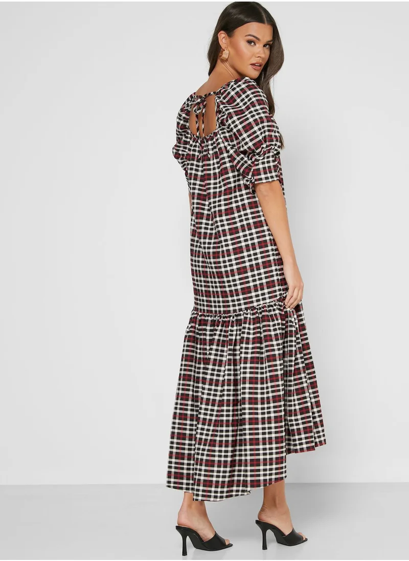 LOST INK Puff Sleeve Checked Dress