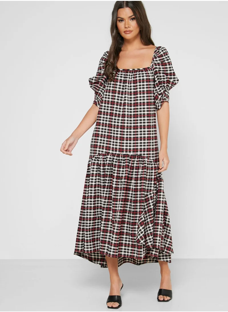 LOST INK Puff Sleeve Checked Dress