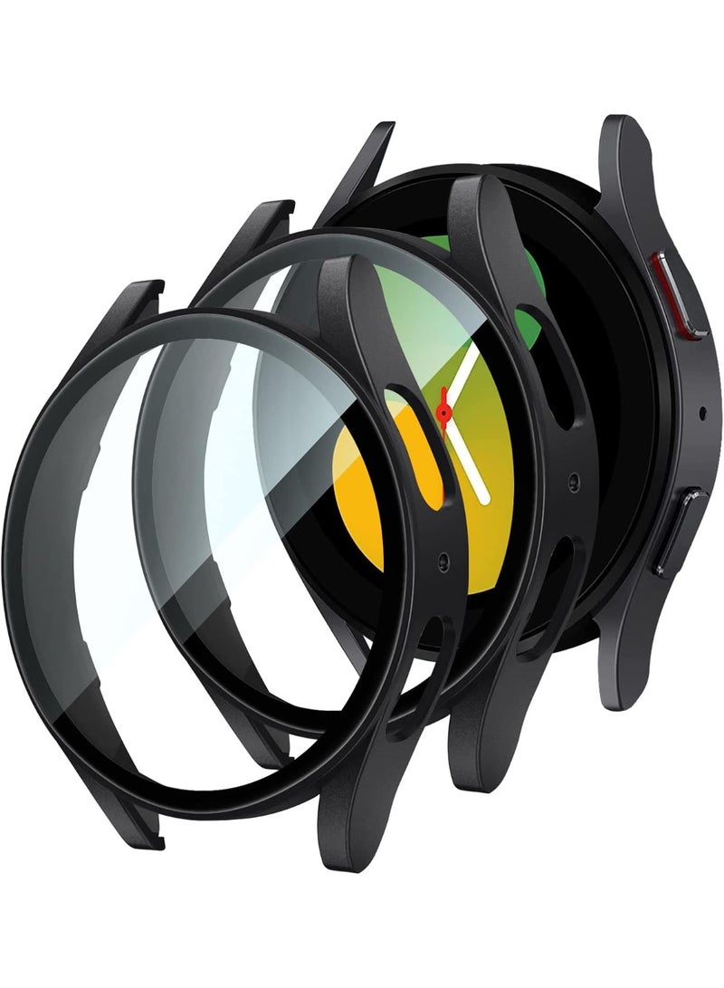 (2 Pack) Hard Case for Samsung Galaxy Watch 5/ Watch 4 (40mm), with Tempered Glass Screen Protector Ultra Clear Slim Full Cover (Black+Black) - Image 1