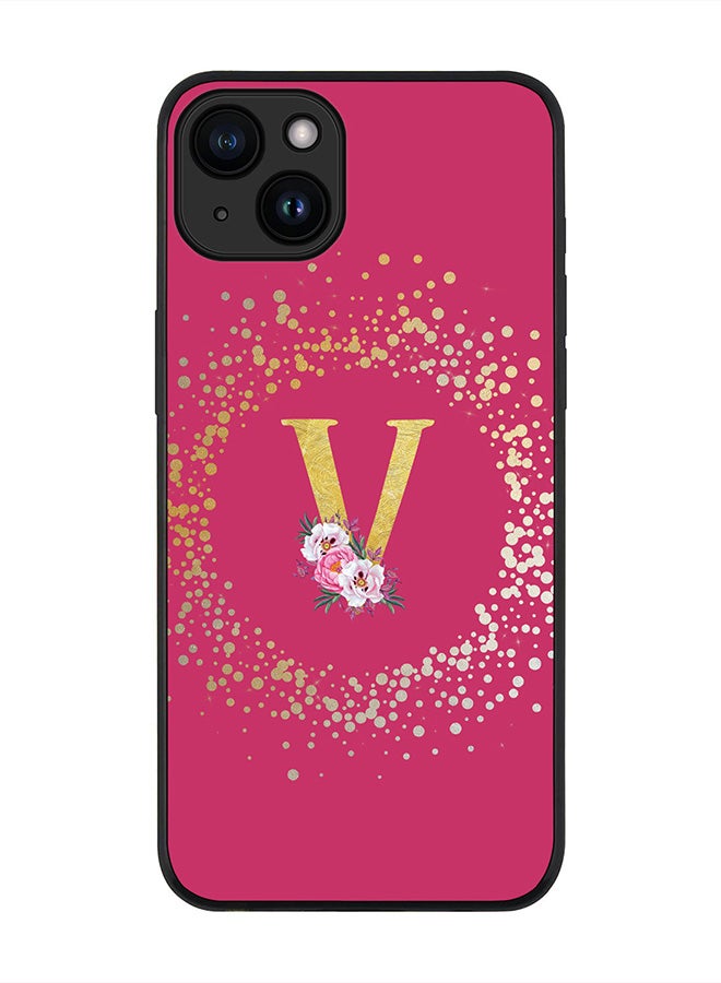 Stylizedd Cover for iPhone 15 Plus Case , Rugged Black Slim fit Thin Protective Phone Cases -Custom Monogram Initial Letter Floral Pattern Alphabet -V (Dark Pink Rose) - Image 1