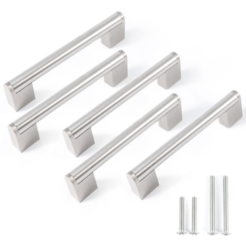 FULGENTE Brushed Nickel Drawer Pulls Stainless Steel Chrome Modern Cabinet Handles Kitchen Hardware Cupborad Armoire Wardrobe 5 inch Hole Center 6 inches Total Length Pack of 5