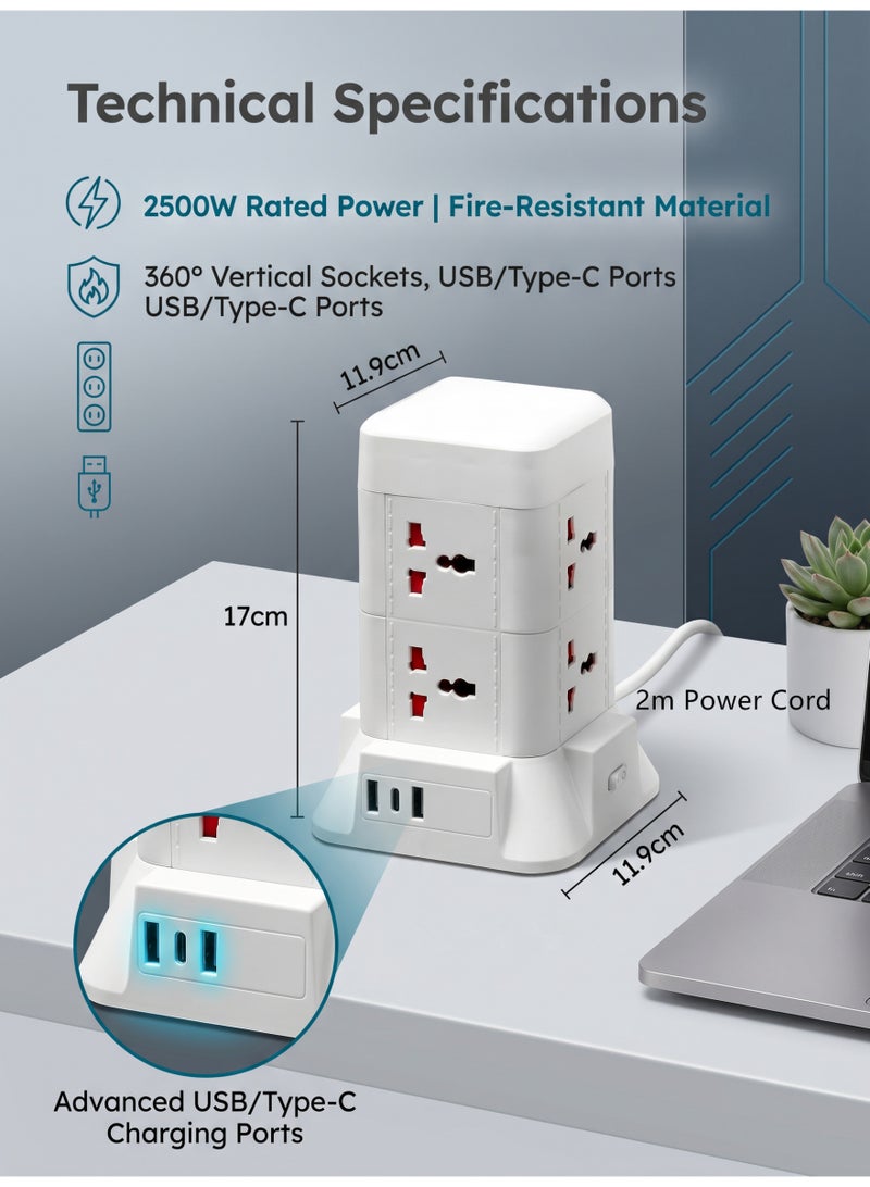 8 Way Universal Outlets 2 USB Fast Charging Ports 1 Type-C port,Emergency Socket,Multi-Function Dual-Layer Socket,Tower Extension Lead with USB Slots，2m Extension Cable - Image 2