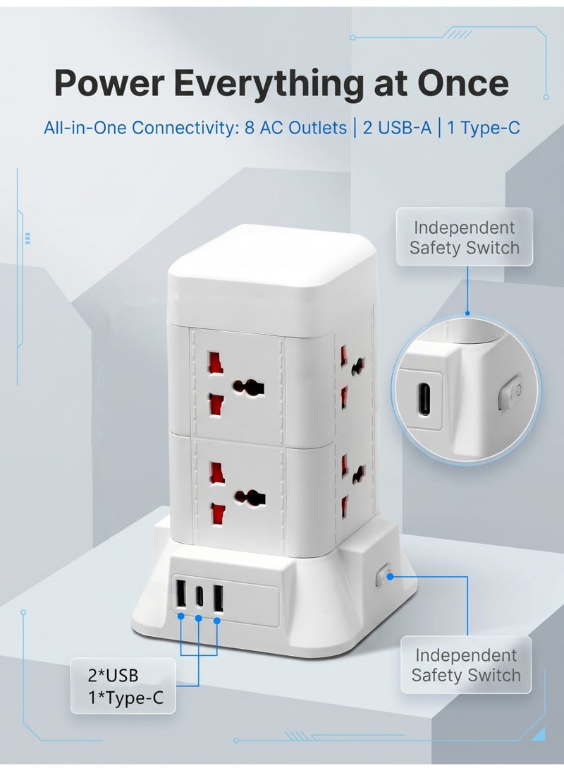 8 Way Universal Outlets 2 USB Fast Charging Ports 1 Type-C port,Emergency Socket,Multi-Function Dual-Layer Socket,Tower Extension Lead with USB Slots，2m Extension Cable - Image 5