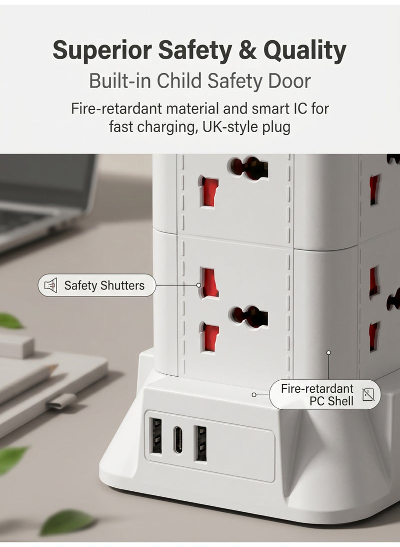 8 Way Universal Outlets 2 USB Fast Charging Ports 1 Type-C port,Emergency Socket,Multi-Function Dual-Layer Socket,Tower Extension Lead with USB Slots，2m Extension Cable - Image 4