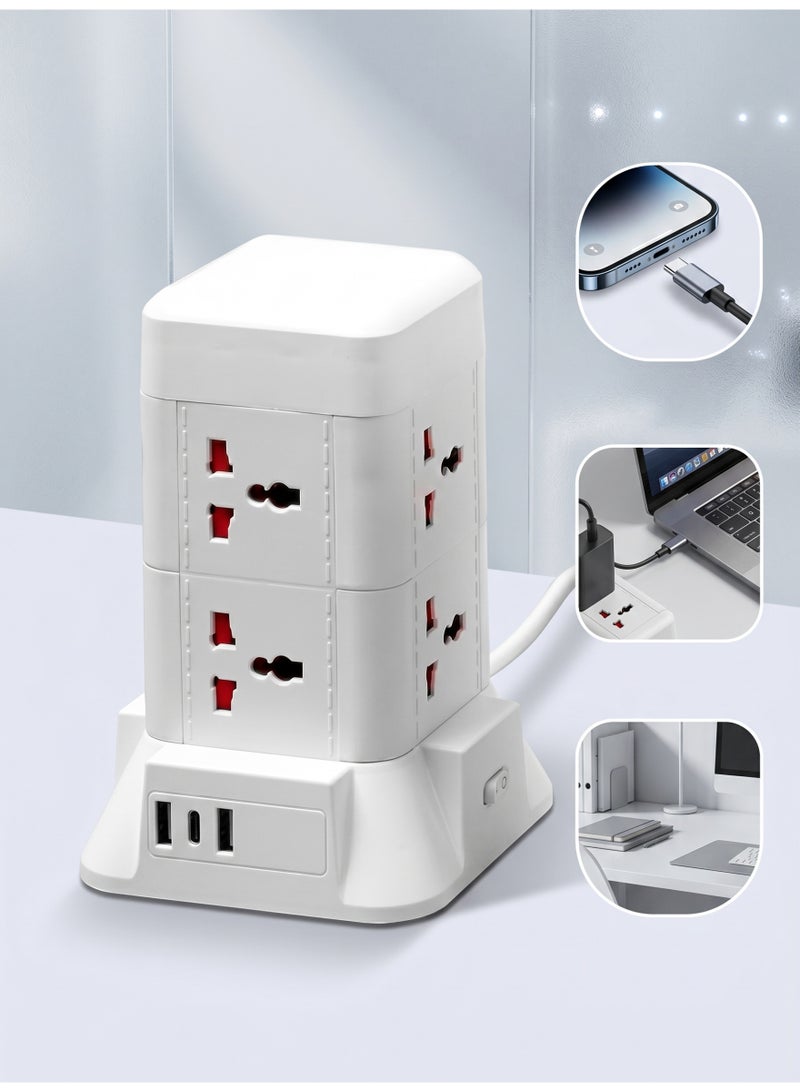 8 Way Universal Outlets 2 USB Fast Charging Ports 1 Type-C port,Emergency Socket,Multi-Function Dual-Layer Socket,Tower Extension Lead with USB Slots，2m Extension Cable - Image 1