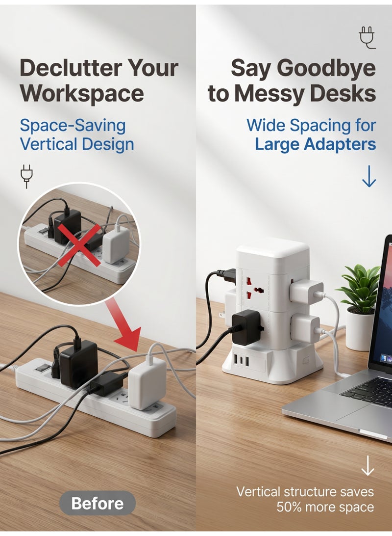 8 Way Universal Outlets 2 USB Fast Charging Ports 1 Type-C port,Emergency Socket,Multi-Function Dual-Layer Socket,Tower Extension Lead with USB Slots，2m Extension Cable - Image 3