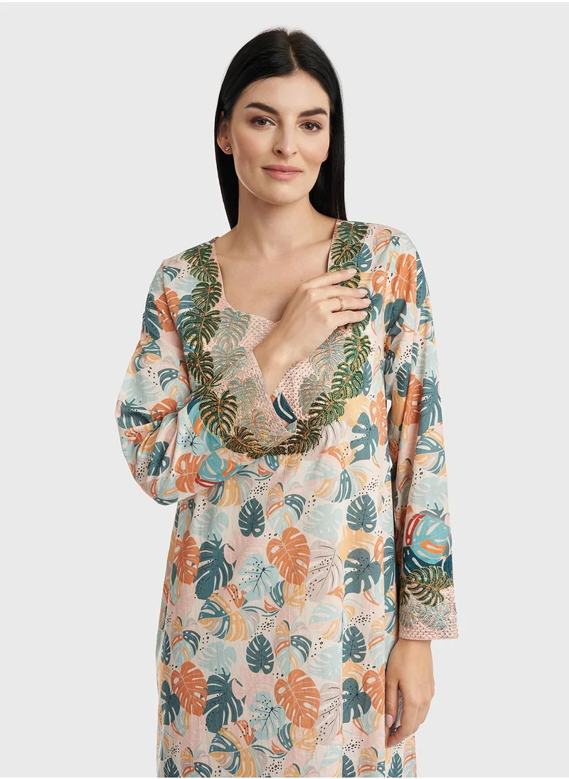 كشخة Cotton Leaves Print Mukhawar Jalabiya
