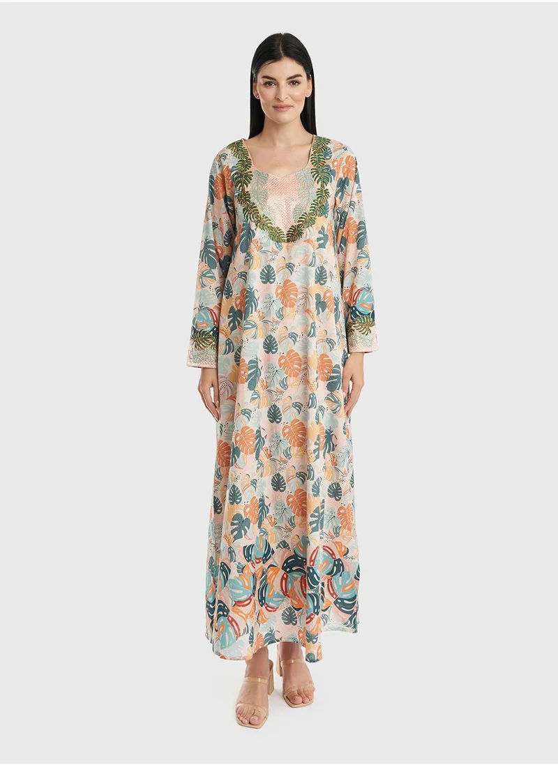 كشخة Cotton Leaves Print Mukhawar Jalabiya