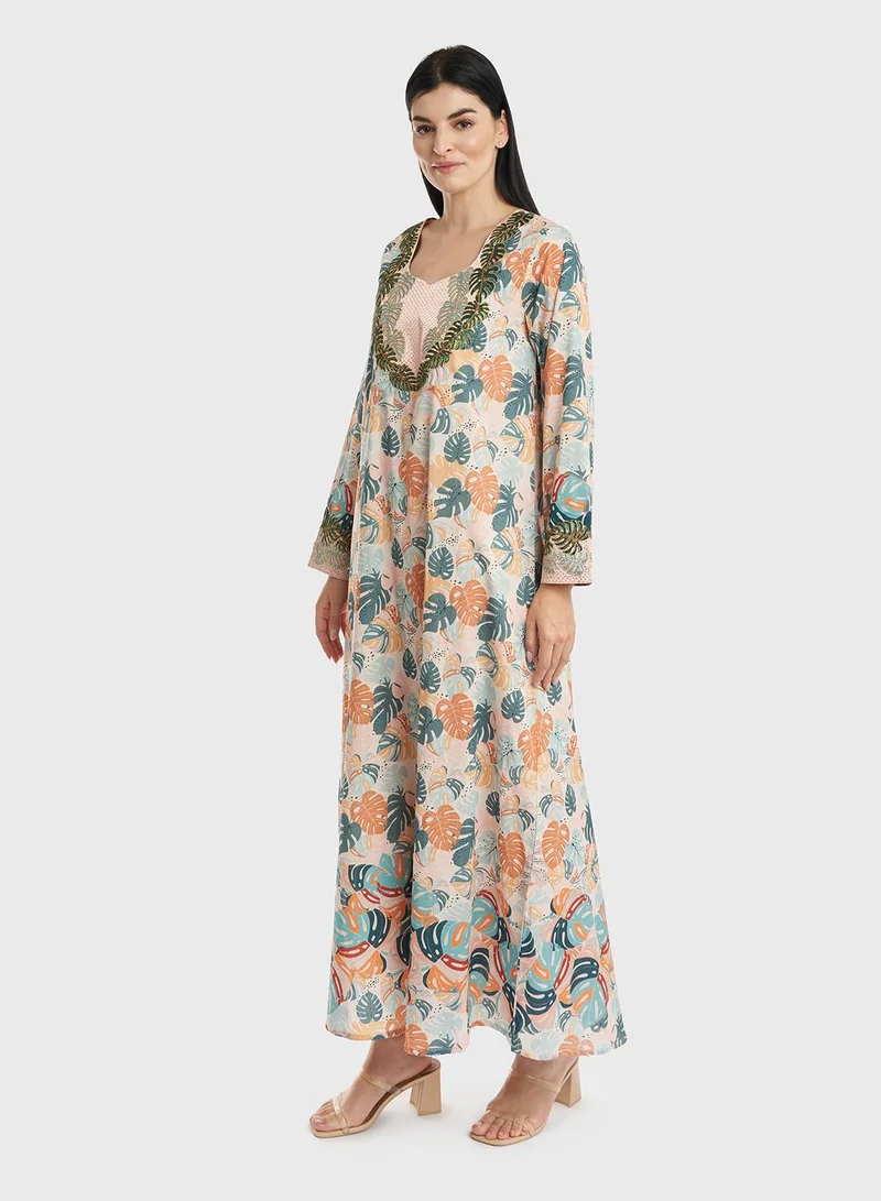 KASHKHA Cotton Leaves Print Mukhawar Jalabiya
