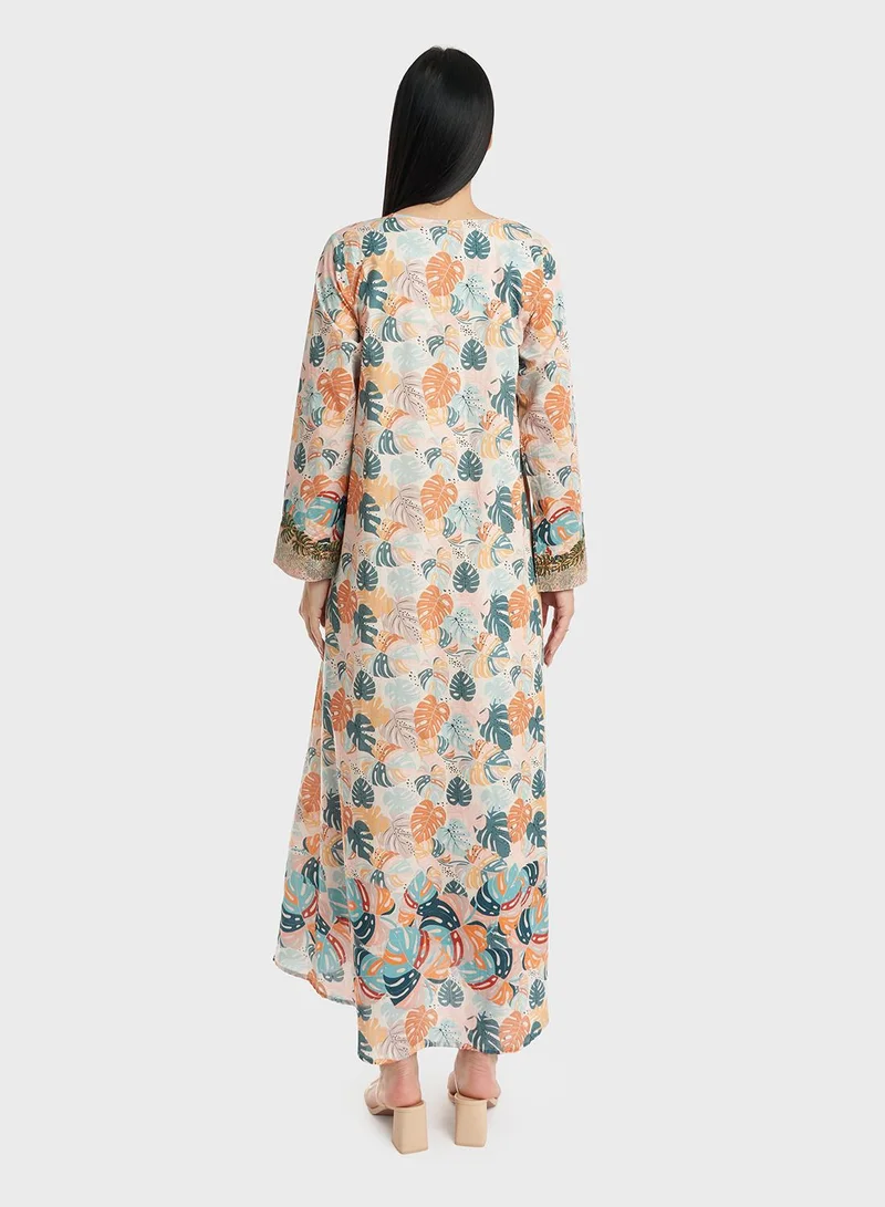 KASHKHA Cotton Leaves Print Mukhawar Jalabiya