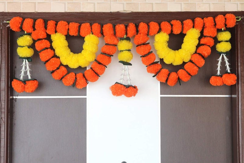 S2S Artificial Marigold Flowers Garlands Double line Door Toran for Main Door,Hanging Toran for Festive Decorations, Doorway Leaves toran (Orange &Yellow - Pack of 1) (Length - 40 Inch) - Image 1