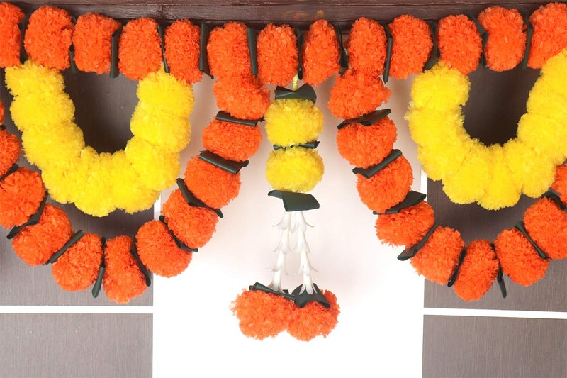 S2S Artificial Marigold Flowers Garlands Double line Door Toran for Main Door,Hanging Toran for Festive Decorations, Doorway Leaves toran (Orange &Yellow - Pack of 1) (Length - 40 Inch) - Image 2