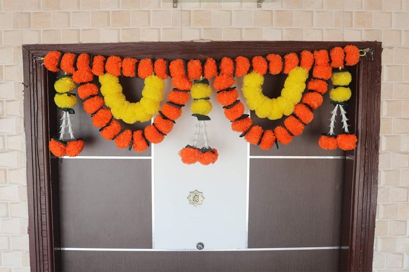 S2S Artificial Marigold Flowers Garlands Double line Door Toran for Main Door,Hanging Toran for Festive Decorations, Doorway Leaves toran (Orange &Yellow - Pack of 1) (Length - 40 Inch) - Image 3