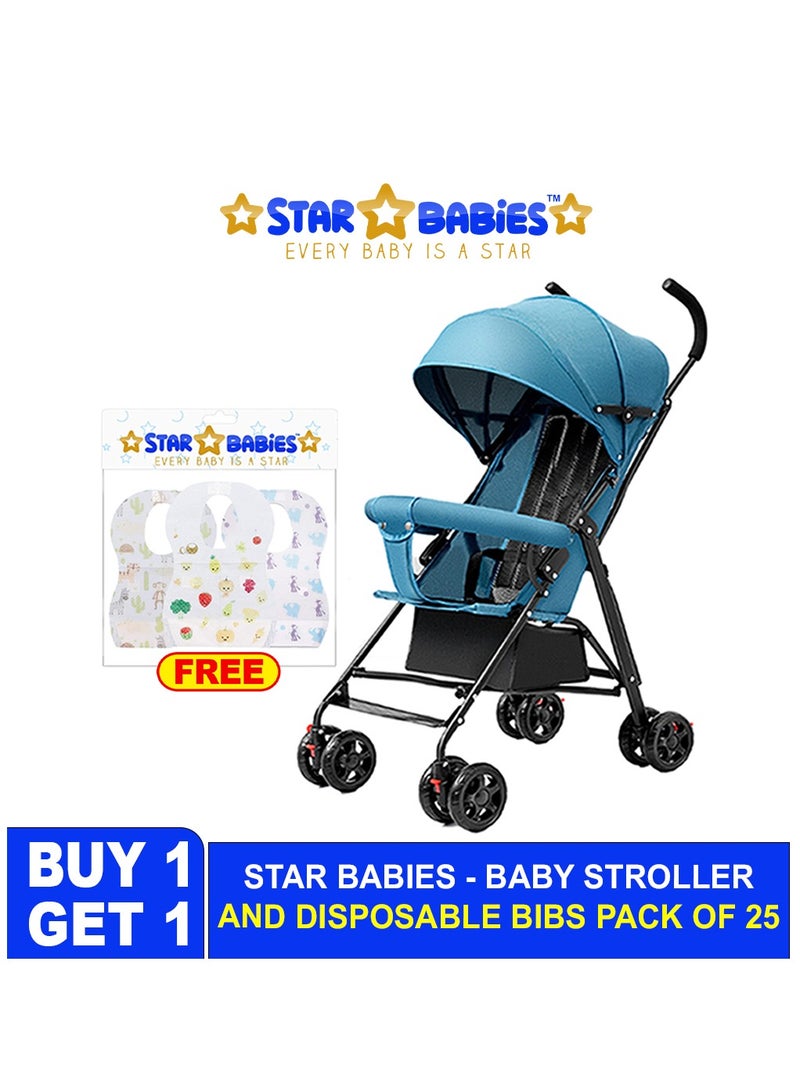 ستار بيبيز - اشترِ 1 واحصل على 1 (عربة أطفال محمولة خفيفة الوزن مع طي مدمج مع 25 قطعة مريلة للاستعمال مرة واحدة مجانًا - أزرق - Image 2