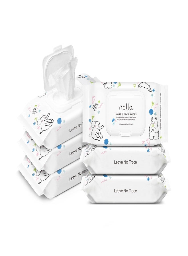 Nolla Nose and Face Wipes for Babies & Kids with Saline, Vitamin E, & Aloe | Unscented | Compostable, 180 Count (6 Packs of 30) - Image 1