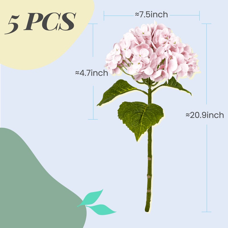 Yatim 21In Pink Artificial Hydrangea Flowers 5 Pcs Real Touch 3D Print Latex Flowers for Wedding Centerpieces Bouquets DIY Floral Decor Home Decoration with Stems - Image 2