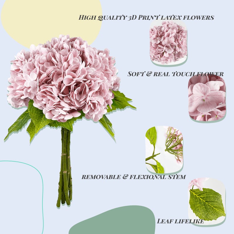 Yatim 21In Pink Artificial Hydrangea Flowers 5 Pcs Real Touch 3D Print Latex Flowers for Wedding Centerpieces Bouquets DIY Floral Decor Home Decoration with Stems - Image 3
