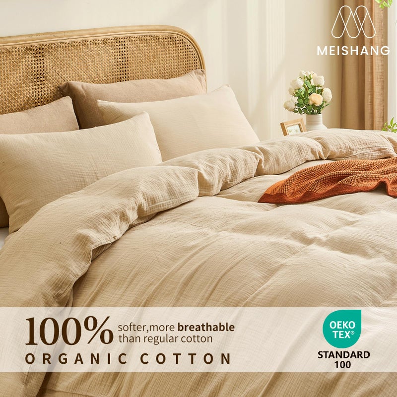 MEISHANG Muslin Duvet Cover Queen Size - 100% Organic Cotton, Soft Textured Gauze Weave Duvet Cover for Breathable All-Season Oeko-Tex Certified - 3 Piece Set (Queen, Linen) - Image 3