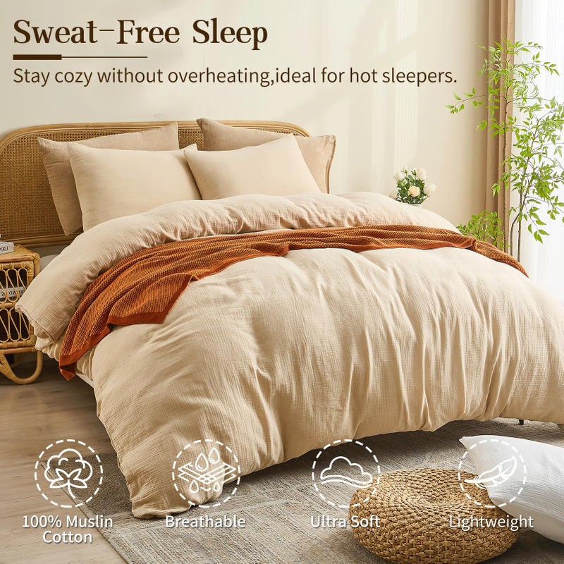MEISHANG Muslin Duvet Cover Queen Size - 100% Organic Cotton, Soft Textured Gauze Weave Duvet Cover for Breathable All-Season Oeko-Tex Certified - 3 Piece Set (Queen, Linen) - Image 2