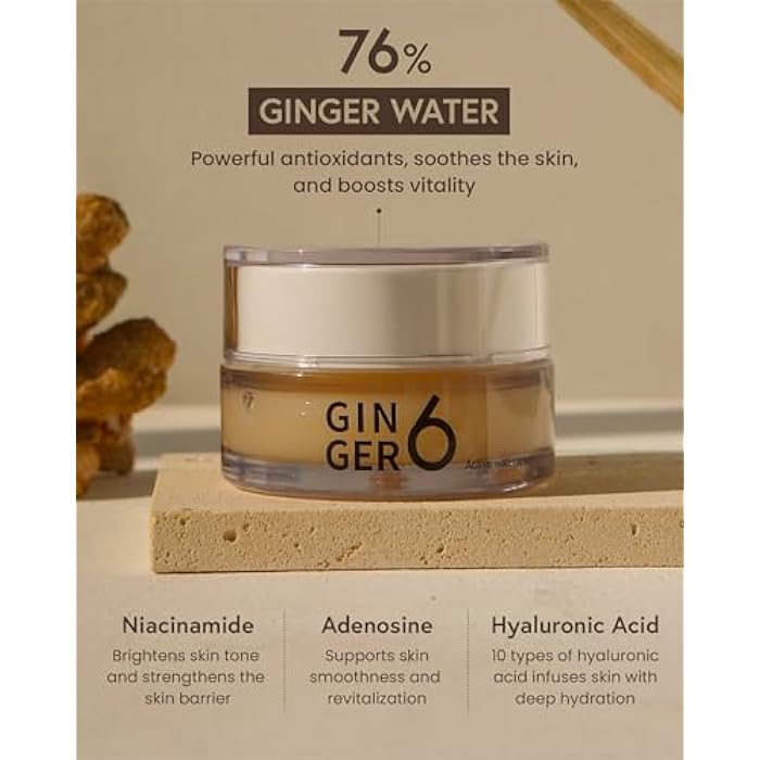 GINGER6 Active Water Cream for Face, 1.69fl. oz. - Lightweight Hydrating Gel Moisturizer, Oil-Free Water Cream with 76% Ginger Water, 10 Hyaluronic Acids, and Peptides for Glass Skin - Image 4