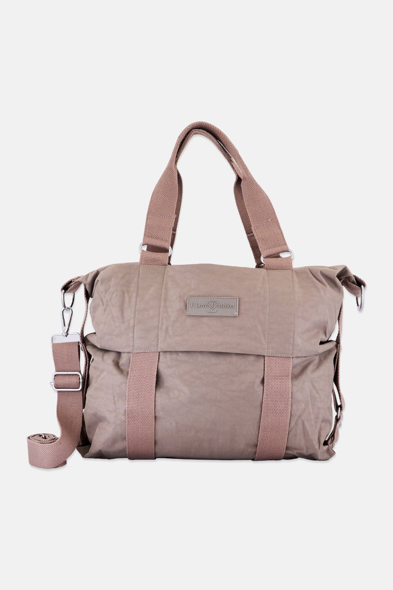 I Love Fashion Women Brand Logo Satchel Bag, Taupe - Image 1