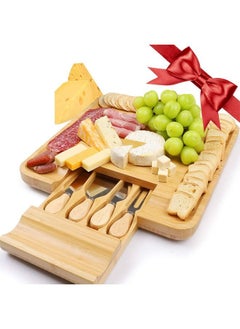 Bamboo Cheese Board and Knife Set with Slide-Out Drawer
