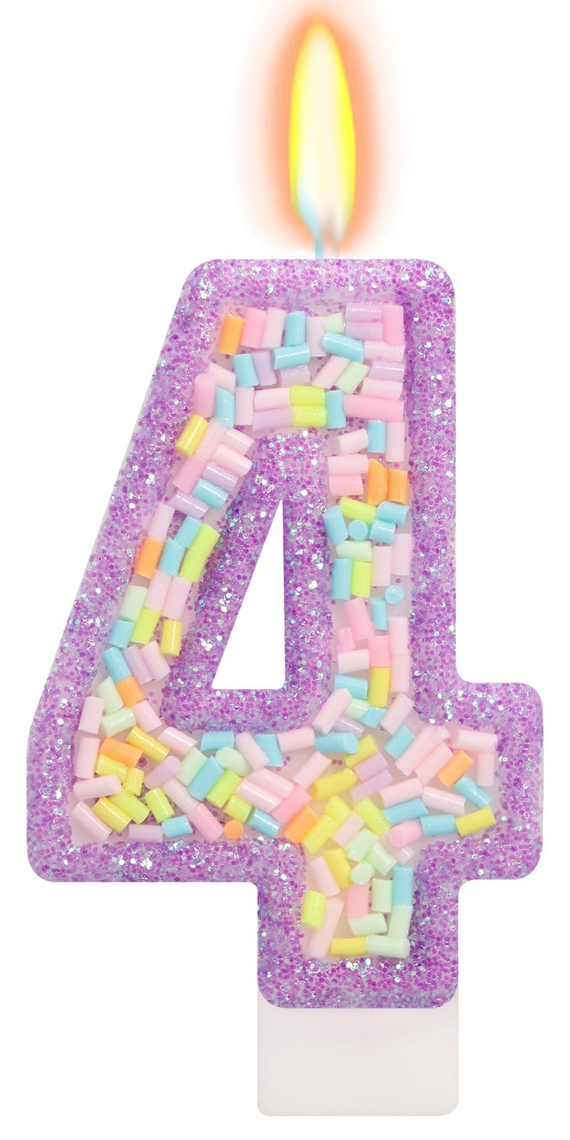 ElekFX Number 4 Birthday Candle with Sprinkles, Pastel Purple Unicorn Rainbow Cake Topper, Sweet Candyland Party Decorations for Girl Boy 4th Birthday - Image 1