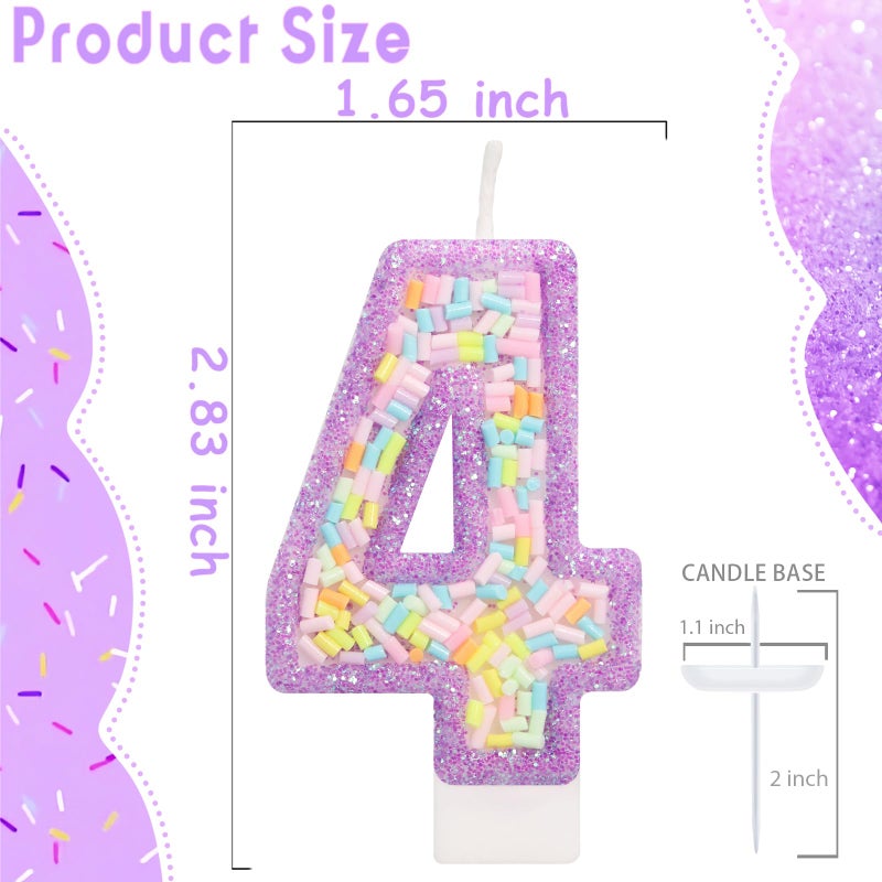 ElekFX Number 4 Birthday Candle with Sprinkles, Pastel Purple Unicorn Rainbow Cake Topper, Sweet Candyland Party Decorations for Girl Boy 4th Birthday - Image 2