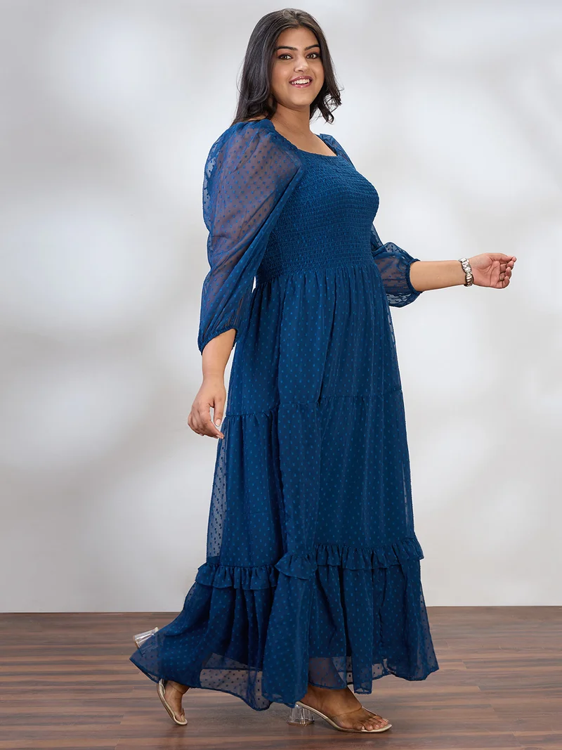 globus Globus Gloplus Women Blue Square Neck Raglan Sleeves Self Design Smocked Tiered Plus Size Fit & Flare Maxi Dress