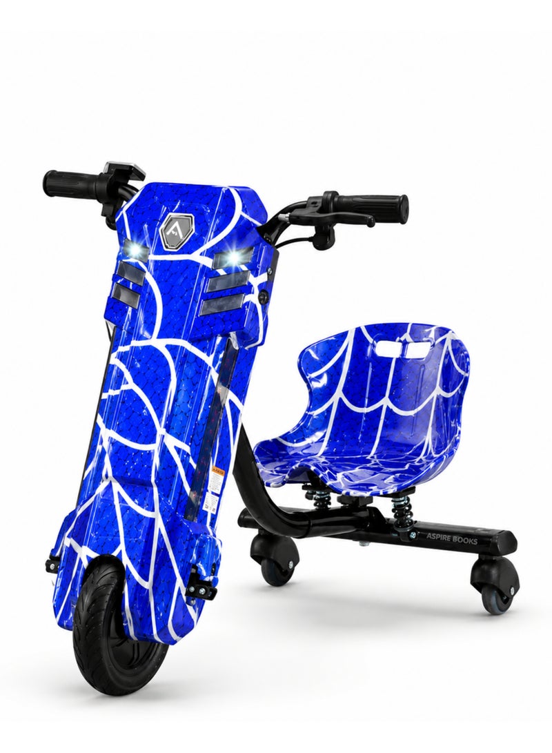 Aspire Books Electric Drift Scooter with 360 Spin for Kids - Blue and white | 36V 250W 3-Wheel Drifting Scooter Go-Kart, LED Lights & Adjustable Frame (Ages 3-8) - Image 1