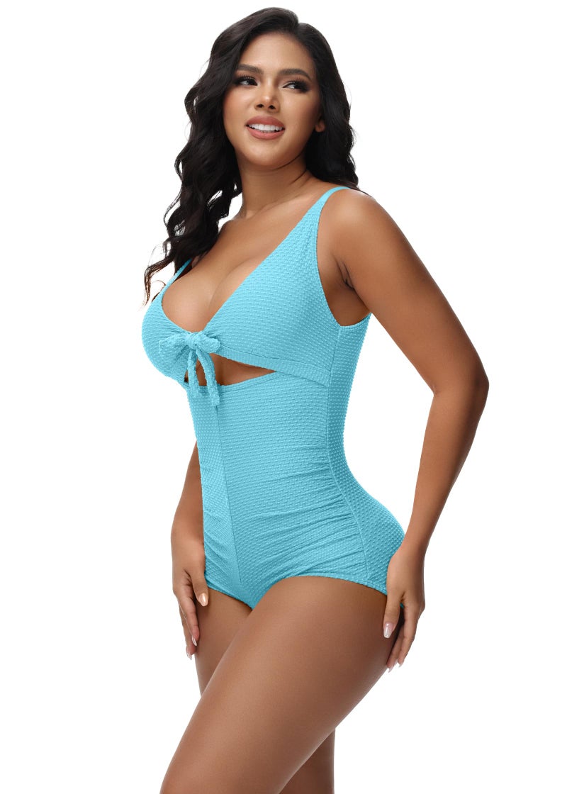 SHAPSHE Tummy Control Swimsuits Women V Neck One Piece Bathing Suit Ruched Push Up Slimming Swimwear Built-in Bra Shapewear Swimsuits Blue - Image 2