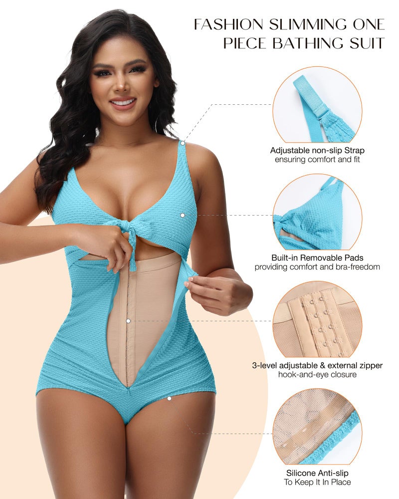 SHAPSHE Tummy Control Swimsuits Women V Neck One Piece Bathing Suit Ruched Push Up Slimming Swimwear Built-in Bra Shapewear Swimsuits Blue - Image 3