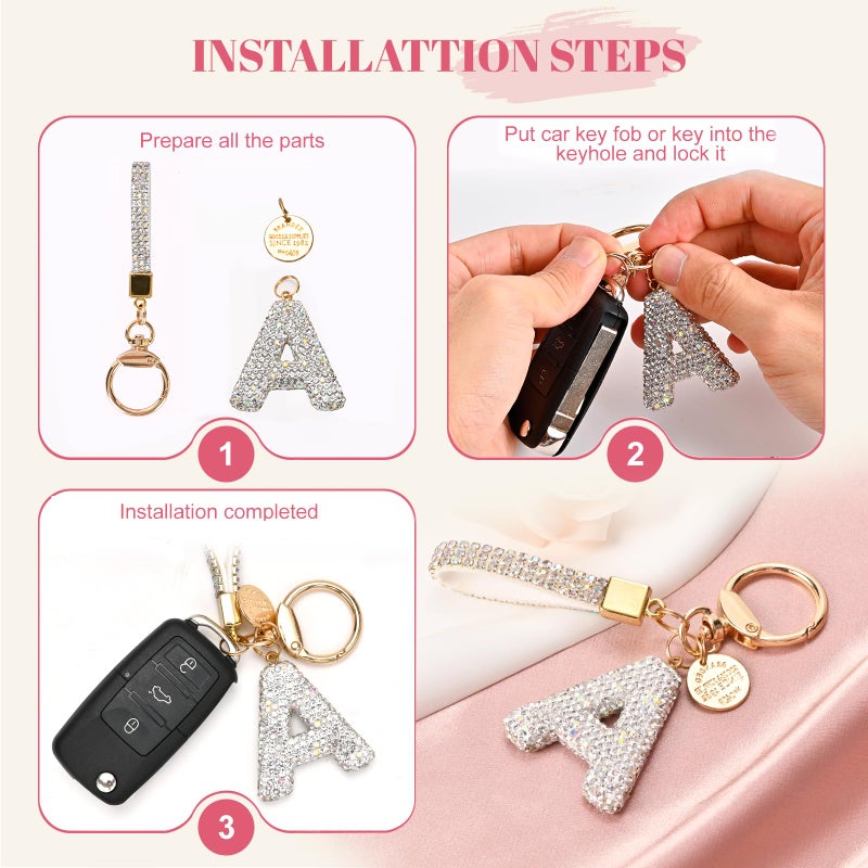 Prometheism Initial Letter Keychain for Women Girls, Bling cute KeyChain for Car Key Accessories Lanyard and Backpack Bagï¼ŒPerfect Gift (White-A) - Image 5