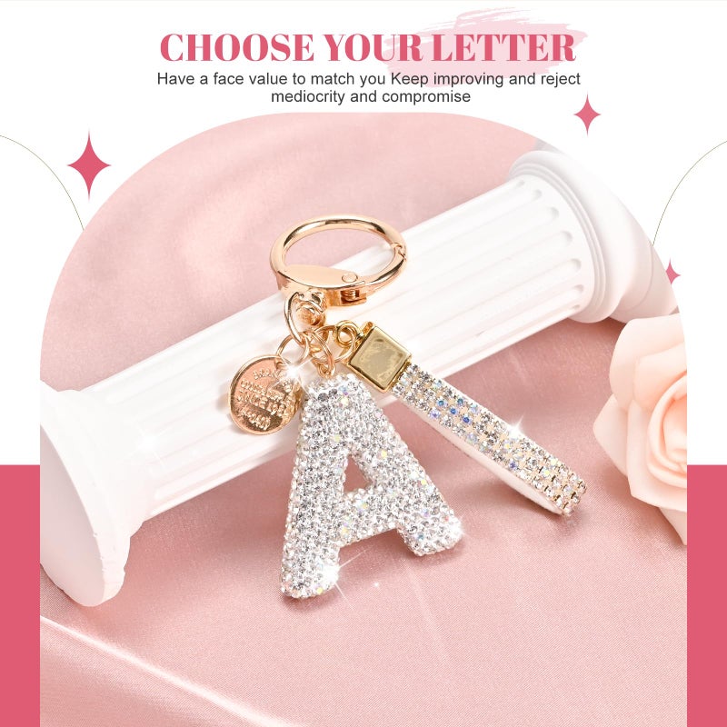 Prometheism Initial Letter Keychain for Women Girls, Bling cute KeyChain for Car Key Accessories Lanyard and Backpack Bagï¼ŒPerfect Gift (White-A) - Image 2