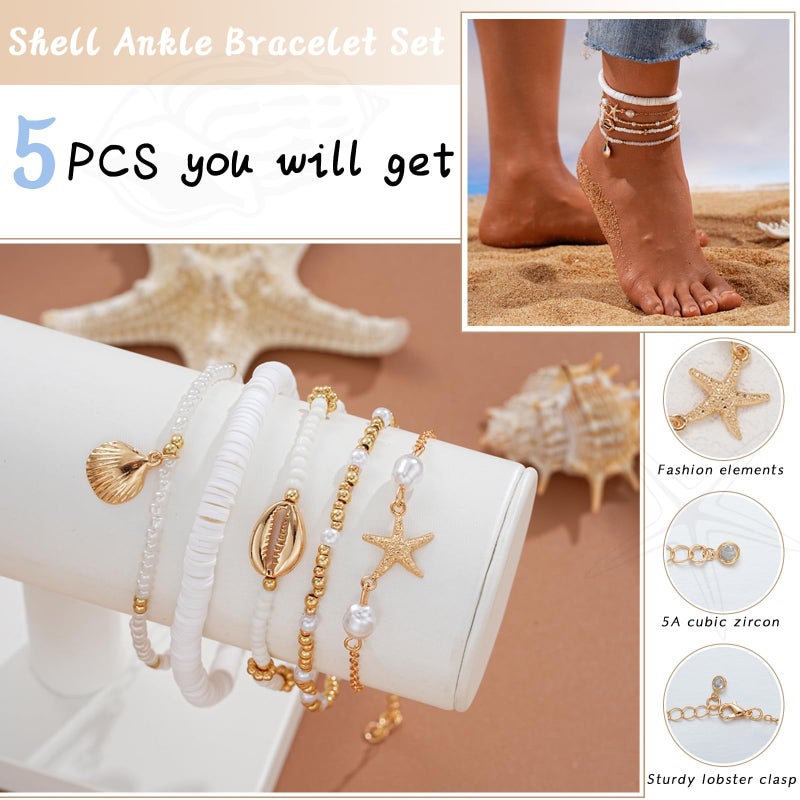 Shall Shell Boho Shell Ankle Bracelet Set for Women, 5 Pairs 14K Boho Bead Handmade Adjustable Anklet, Hawaiian Beach Seashell Starfish Foot Jewelry Gifts - Image 4