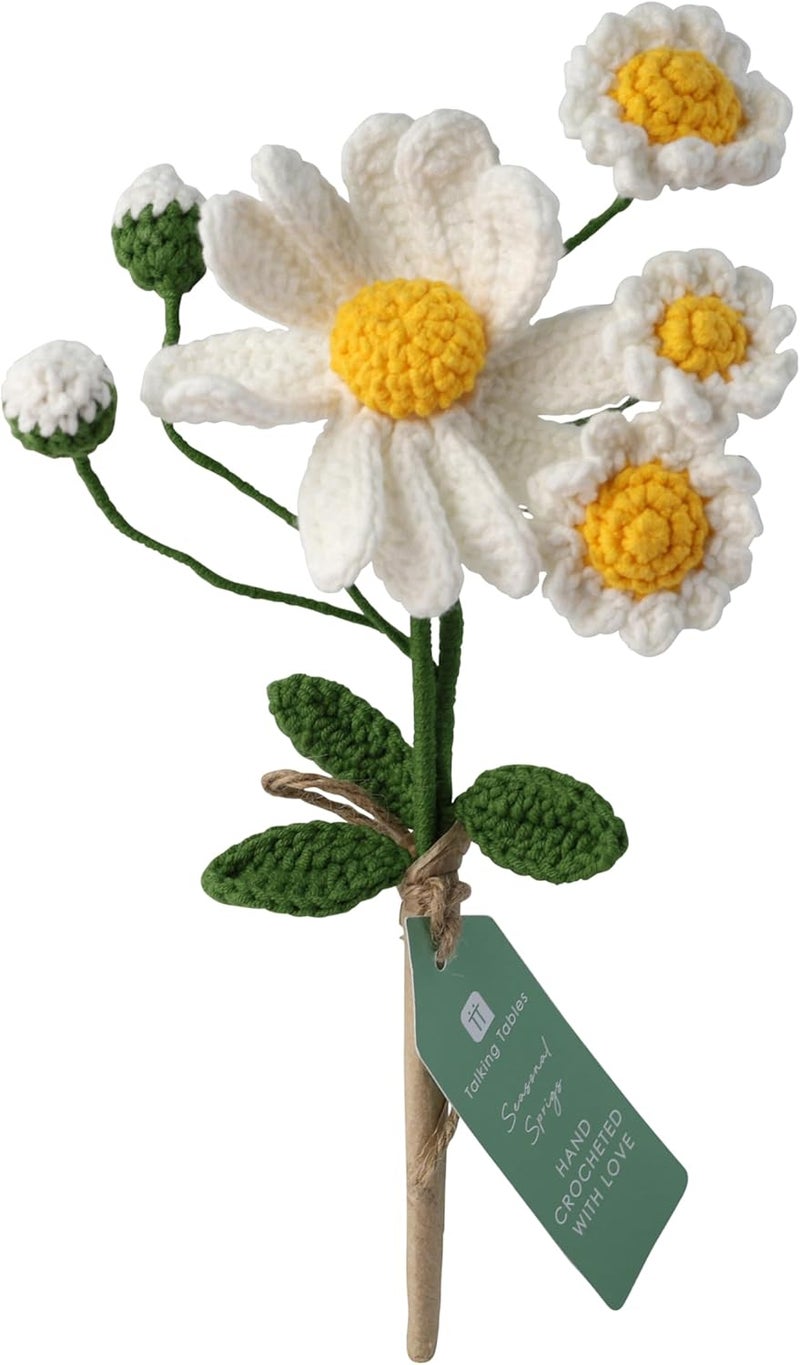 2 x White Daisy Crochet Sprig or Summer Decorative Cotton Flowers Handmade Crocheted Floral Stems for Table, Home Styling Gift Seasonal Displays Soft Yarn Finish Reusable 18cm