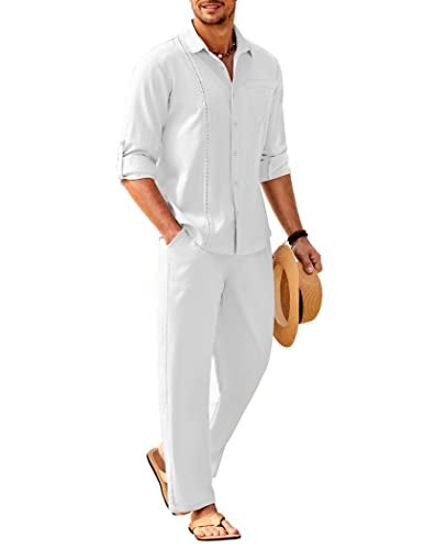 COOFANDY Mens Linen Yoga Outfits Casual Button Down Shirts with Pocket and Loose Pants All White Outfits for Men - Image 1