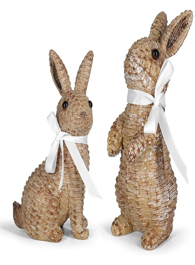 MicoSim Rattan Effect Resin Bunny Easter Decor,Table Rabbit Easter Decorations,Spring Bunnies Decoration Statue Figurine for Home Farmhouse (Brown, Small-Pair) - Image 1