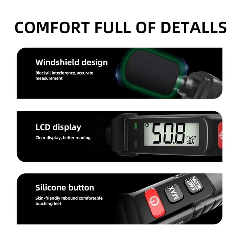 مقياس مستوى الصوت الرقمي الأسود للضوضاء 30-130 ديسيبل مع وزن A احترافي لمراقبة الديسيبل - Image 3