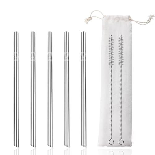Lazycorner 5 Pcs Stainless Steel Smoothie Straws, 0.4'' Extra Wide Reusable Metal Drinking Straws for Milkshake, Smoothie, Beverage, Set of 5 with 2 Cleaning Brush - Image 1