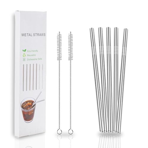 Lazycorner 5 Pcs Stainless Steel Smoothie Straws, 0.4'' Extra Wide Reusable Metal Drinking Straws for Milkshake, Smoothie, Beverage, Set of 5 with 2 Cleaning Brush - Image 2