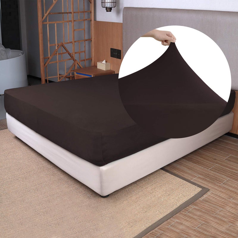 N&Y HOME Full Size Fitted Sheet Only - 4-Way Stretch Jersey Knit  T-Shirt Feeling & Ultra Soft  Wrinkle Free  Non-Slip & Snug Fit for Mattress (Deep: 5""-16"") - Brown  Full  - Image 1